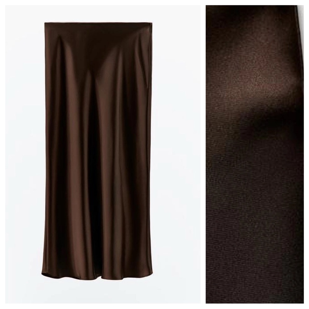 NWT. Zara Dark Brown Satin Effect High Waisted Midi Skirt. Size XL. - Picture 2 of 7
